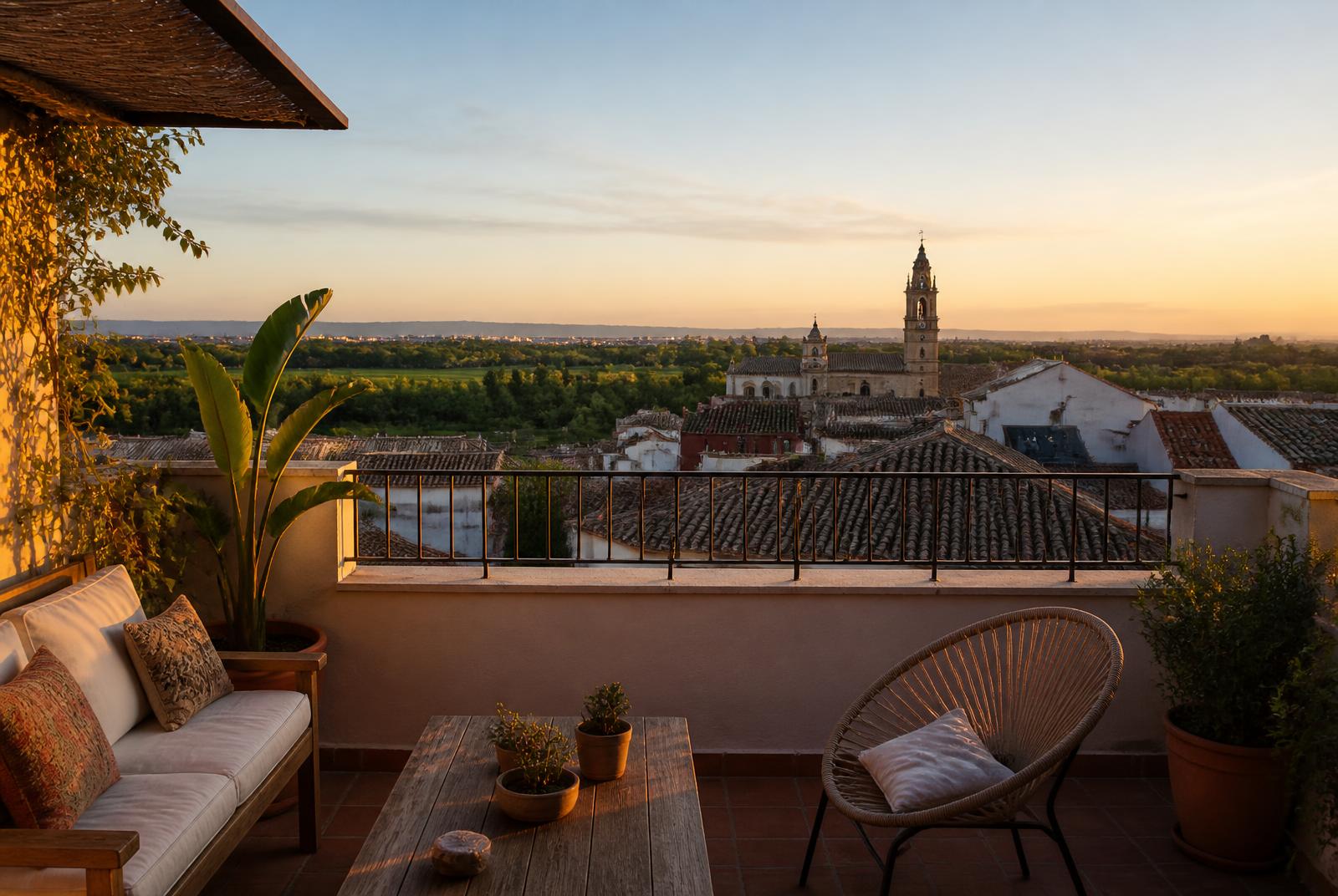 Recreación de la terraza del ático con vistas al pueblo y la huerta del Turia