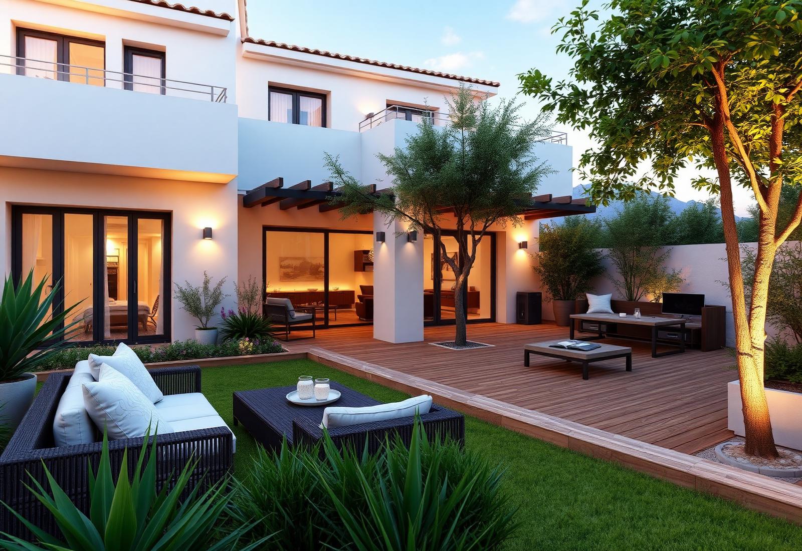 Recreación del jardín privado con porche